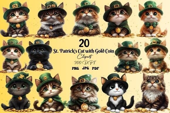 Download St. Patrick's Cat with Gold Coin Clipart - Premium Bundle